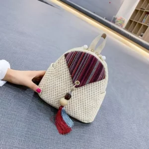 Women Backpacks Straw National Patchwork Woven Tassel Bags Summer Big Capacity Holiday Retro Portable All-match Little Backpack - Image 2