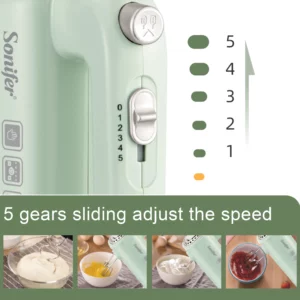 "Sonifer Hand Mixer SF-7034 .Light green appearance, fresh color .New food grade high strength ABS materiel .5 gears sliding adj - Image 3