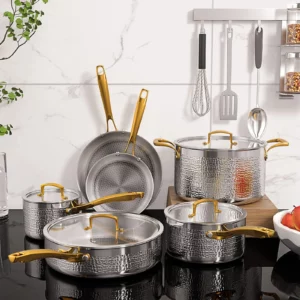 Pots And Pans Set Tri-Ply Stainless Steel Hammered Kitchen Cookware Induction Compatible Dishwasher And Oven Safe Non-Toxic - Image 4