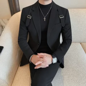 Blazer Hombre British Shoulder Strap Design Blazer Jacket For Men Two Buttons Slim Fit Casual Elegant Mens Suits Formal Tuxedo - Image 3