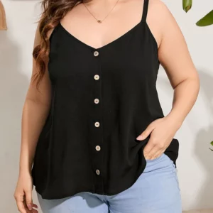 GIBSIE Plus Size Summer Women's Cami Top Black V-neck Sleeveless Backless Tops Women Fashion Button Front Casual Tanks Camis - Image 1