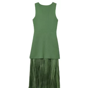 TRAFZA 2025 Woman Splicing Pleated Decoration Slim Fashion Vacation Style Dress Women Summer Sleeveless O-Neck Green Dresses - Image 6