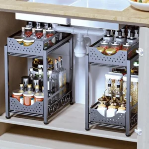Cabinet Slide Out Shelves Pull Out Multi-Purpose Cabinet Organizer 2 Tier Heavy Duty Stackable Kitchen Shelves Organizer Drawer - Image 4