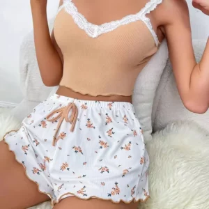 Women Pajama Set Lace Patchwork V-Neck Sleepwear Sexy Female Nighties Suit Cami Top Printed Shorts Soft Pyjamas Loungewear 2psc - Image 2