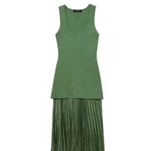 TRAFZA 2025 Woman Splicing Pleated Decoration Slim Fashion Vacation Style Dress Women Summer Sleeveless O-Neck Green Dresses - Image 4