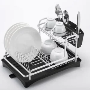 Kitchen Dish Drying Rack for Counter,Aluminum Alloy Plates And Bowls Organizer Strainer with Drainboard,Knives Hold,Silver - Image 2