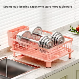 Pink Dish Drying Rack - Space-Saving Dish Rack,Dish Racks for Kitchen Counter with Drainboard, Rustproof Dish Drainer - Image 5
