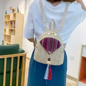 Women Backpacks Straw National Patchwork Woven Tassel Bags Summer Big Capacity Holiday Retro Portable All-match Little Backpack - Image 4