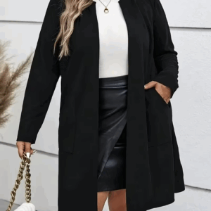 GIBSIE Plus Size Autumn New Women's Crew Neck Long Coat Black Long Sleeve Open Front Office Female Casual Jackets with Pockets - Image 5