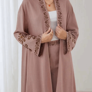 Rafiah 2 Piece Set Wide Sleeve Embroidered Top Embroidered Waist Pants Transitional Fall Women Casual Open Abaya for Daily - Image 4