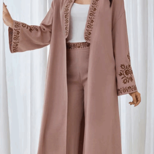 Rafiah 2 Piece Set Wide Sleeve Embroidered Top Embroidered Waist Pants Transitional Fall Women Casual Open Abaya for Daily - Image 5