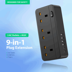 9-in-1 Multi-Plug Receptacle Extender with USB, Wall Outlet Splitter with 6 USB Ports (2 USB C) and 3 Receptacles, Black - Image 3