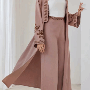 Rafiah 2 Piece Set Wide Sleeve Embroidered Top Embroidered Waist Pants Transitional Fall Women Casual Open Abaya for Daily - Image 6
