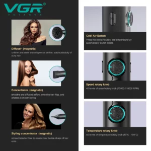 VGR Hair Dryers Professional Air Blower Negative Ion Hair Dryer 110000 RPM Hair Dryer Machine BLDC Motor Barber Salon V-401 - Image 3