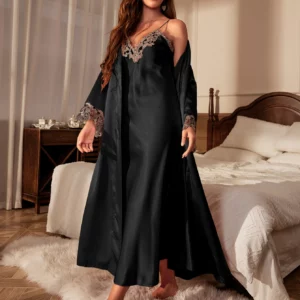 Contrast Lace Pajama Set Long Sleeve Robe With Belt V Neck Slip Dress Women's Sleepwear Loungewear - Image 4