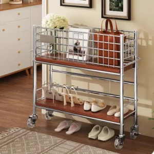 Mid-Century Shoe Cabinet Slim Storage Organizer Space Saving Shoe Rack for Entryway Vintage Narrow Shoe Shelf with Anti-Slip - Image 2