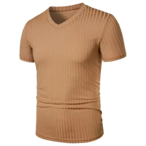 Summer Men's Short Sleeve Muscle T Shirts Stretch V Neck Bodybuilding Lightweight Streetwear Workout Tee Shirts Ribbed Shirt - Image 3