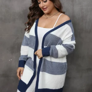 GIBSIE Plus Size Women's Cardigan Contrasting Color Striped Open Front Knitted Sweater Fall Winter Casual Long Cardigan Coat - Image 5