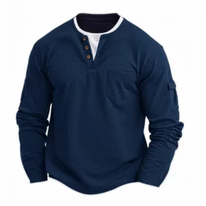 2025 New Men's Button Henley neck T Shirt Long Sleeve Casual Button Solid color T-Shirt Fashion Waffle Fake two-piece T-Shirt - Image 6