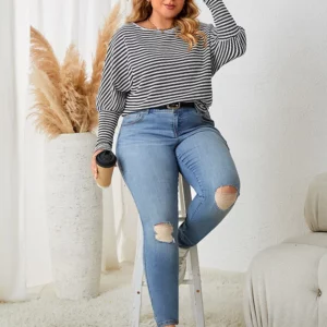 GIBSIE Plus Size Women's Striped Casual T-Shirts 2023 Fall Fashion Full Raglan Sleeve Female Loose O-Neck Tops Tee Woman New - Image 5
