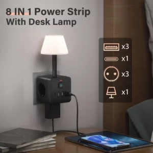 7-in-1 Euro power outlet with light, surge protector for power outlet, 3 AC power outlets, 3 USB 1 Type-C, desktop charging stat - Image 5
