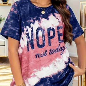 Plus Size Letter Print Top Colorblock Crew Neck Short Sleeve, O Neck, Leisure Time Ladies Tshirt Tops, Summer, 2024 - Image 3