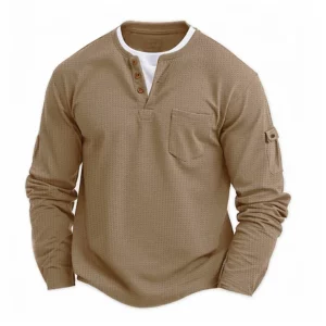 2025 New Men's Button Henley neck T Shirt Long Sleeve Casual Button Solid color T-Shirt Fashion Waffle Fake two-piece T-Shirt - Image 1
