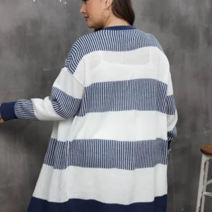 GIBSIE Plus Size Women's Cardigan Contrasting Color Striped Open Front Knitted Sweater Fall Winter Casual Long Cardigan Coat - Image 2
