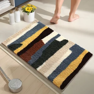 Geometric Bath Mat | Super Soft Microfiber Plush Rug | Quick Drying & High Absorbency | Abstract Striped Modern Bathroom Carpet - Image 1