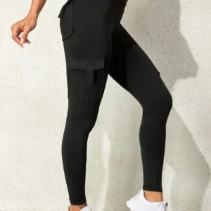 Sexy Fashion Slim Fit Solid Wide Waistband Running Exercise Yoga Stretch Pockets Tinker Cargo Leggings - Image 4