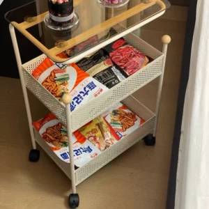 Metal Snack Storage Cart Mobile Sofa Side Table with Wheels Compact Living Room Storage Holder Bedside Glass Coffee Table - Image 5