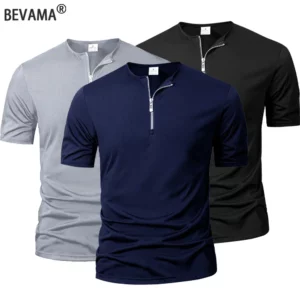 Summer Men's Short Sleeve Solid Color Zipper Collar Shirt Casual Sports T-Shirt Streetwear Daily Outdoor Activities Men's Top - Image 1