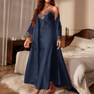 Contrast Lace Pajama Set Long Sleeve Robe With Belt V Neck Slip Dress Women's Sleepwear Loungewear - Image 5