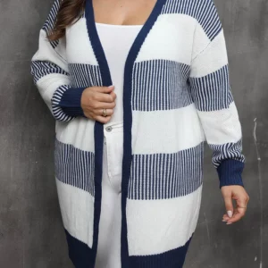 GIBSIE Plus Size Women's Cardigan Contrasting Color Striped Open Front Knitted Sweater Fall Winter Casual Long Cardigan Coat - Image 3