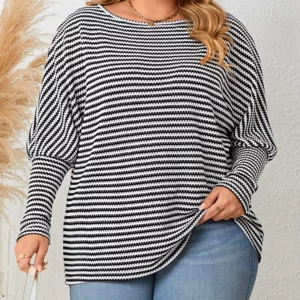 GIBSIE Plus Size Women's Striped Casual T-Shirts 2023 Fall Fashion Full Raglan Sleeve Female Loose O-Neck Tops Tee Woman New - Image 1