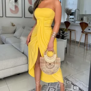 wsevypo Elegant Women Strapless Dress Solid Color Off-Shoulder Sleeveless Ruched High Waist Slit Dress Party Summer Lady Vestido - Image 5