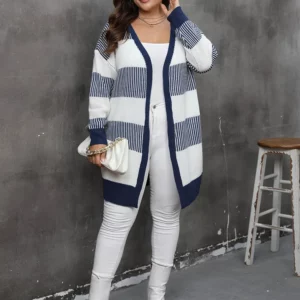 GIBSIE Plus Size Women's Cardigan Contrasting Color Striped Open Front Knitted Sweater Fall Winter Casual Long Cardigan Coat - Image 6