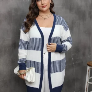 GIBSIE Plus Size Women's Cardigan Contrasting Color Striped Open Front Knitted Sweater Fall Winter Casual Long Cardigan Coat - Image 4