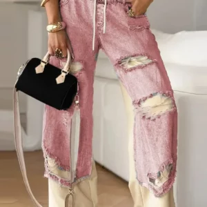 Casual Patchwork Jeans Women Loose Drawstring Low Waist Pockets Zipper Straight Leg Pants 2025 Spring Summer Street Lady Trouser - Image 4