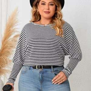 GIBSIE Plus Size Women's Striped Casual T-Shirts 2023 Fall Fashion Full Raglan Sleeve Female Loose O-Neck Tops Tee Woman New - Image 4