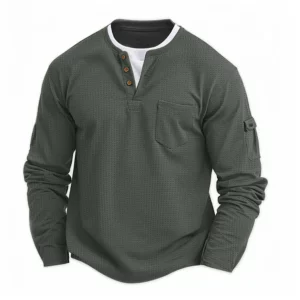 2025 New Men's Button Henley neck T Shirt Long Sleeve Casual Button Solid color T-Shirt Fashion Waffle Fake two-piece T-Shirt - Image 4