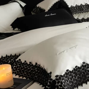 Black Lace Edge Embroidery Bedding Set 1000TC Lyocell Cotton Soft Silky Duvet Cover Set Bed Sheet/Fitted Sheet Pillowcases 4Pcs - Image 2