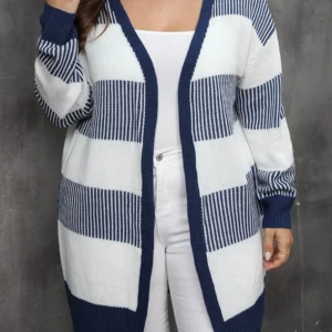 GIBSIE Plus Size Women's Cardigan Contrasting Color Striped Open Front Knitted Sweater Fall Winter Casual Long Cardigan Coat - Image 1