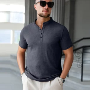 New Men's Business Casual Short Sleeved Bone Flower Solid Color POLO Shirt Fashion Breathable Comfortable Summer Versatile Top - Image 3