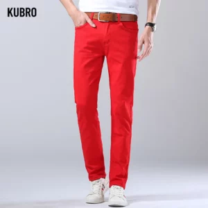 2024 Autumn New Men's Bright Stretch Fit Jeans Trendy Denim Straight-leg Trousers Male Red Lake Blue Yellow Trousers - Image 5