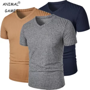 Summer Men's Short Sleeve Muscle T Shirts Stretch V Neck Bodybuilding Lightweight Streetwear Workout Tee Shirts Ribbed Shirt - Image 1