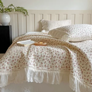 3/5Pcs Rose Floral Print Lace Ruffles Quilted Bedspread, Bed Cover, Mattress Topper Coverlet, Bed Sheet, With Pillowcases - Image 2