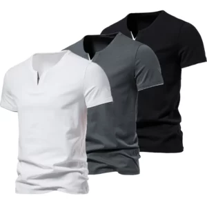 Men's T-shirt Summer Henley V-neck Short Sleeve Men Casual Slim Fit Basic Loose Fitness Sports Breathable Top - Image 1