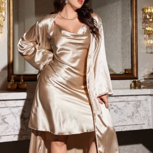 Autumn and winter large size sexy Women's Pajamas set casual comfort solid color Robe nightdress two-piece set - Image 3
