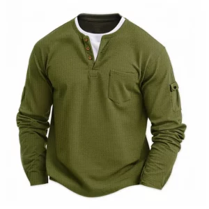 2025 New Men's Button Henley neck T Shirt Long Sleeve Casual Button Solid color T-Shirt Fashion Waffle Fake two-piece T-Shirt - Image 5